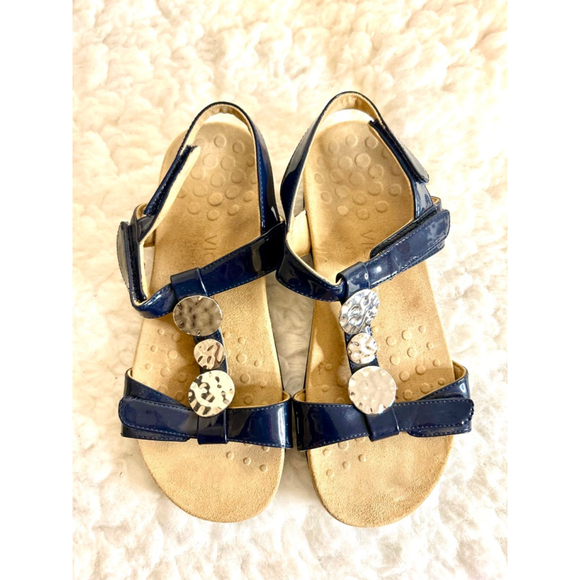 Vionic Farra Orthaheel Navy Patent Leather Sandals Women Size 8 - Picture 2 of 9